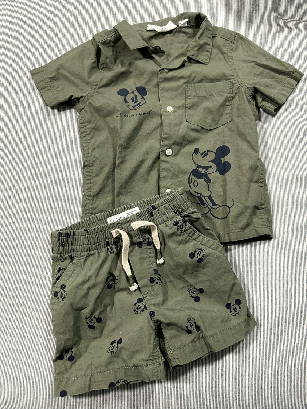 GAP Olive Green Mickey Mouse Button-Down Shirt & Shorts Set